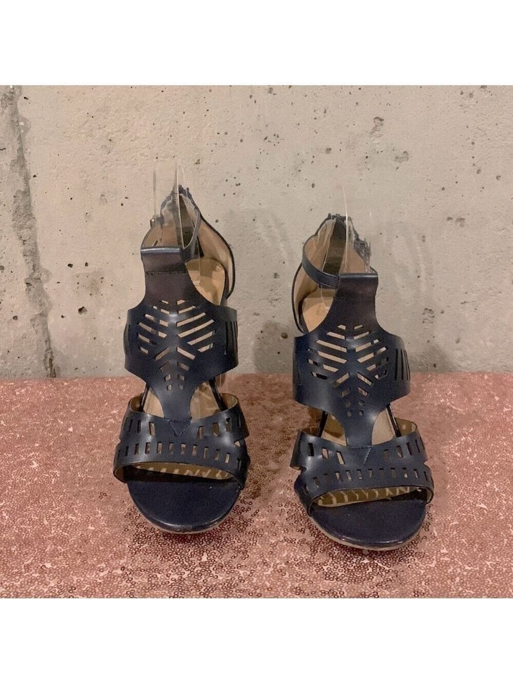 NY&C Navy Blue Block Heeled Cut Out Sandals - Size 8
